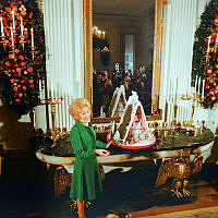 Mrs. Nixon with the 1972 White House Gingerbread House